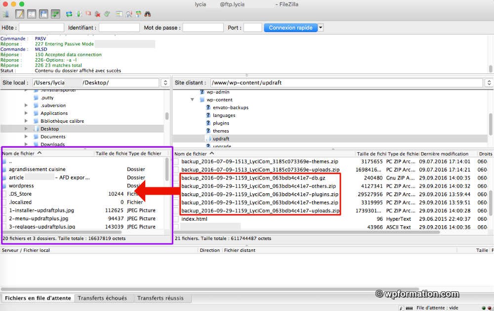 Récupération d'une sauvegarde UpdraftPlus via FileZilla dans le dossier wp-content/updraft