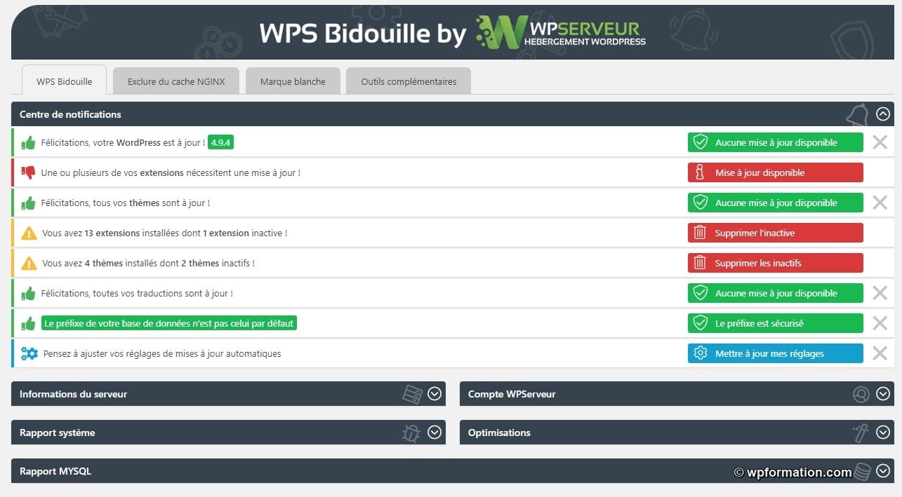 Interface du plugin WPS Bidouille avec son centre de notifications qui vérifie les mises à jour WordPress, les plugins inactifs et la sécurité de la base de données