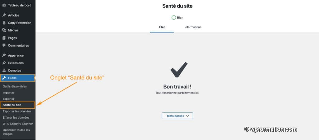 Tutoriel de l'outil Santé du site sur WordPress