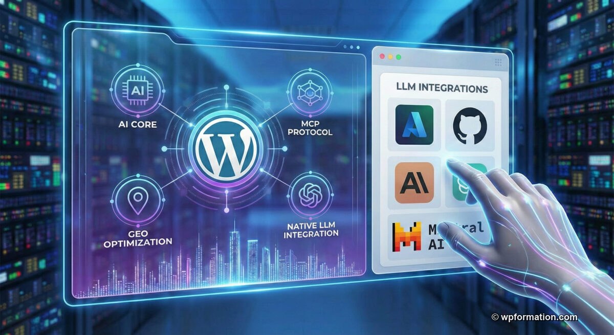 Illustration article WordPress MCP GEO SEO 2026 - connexion IA et CMS
