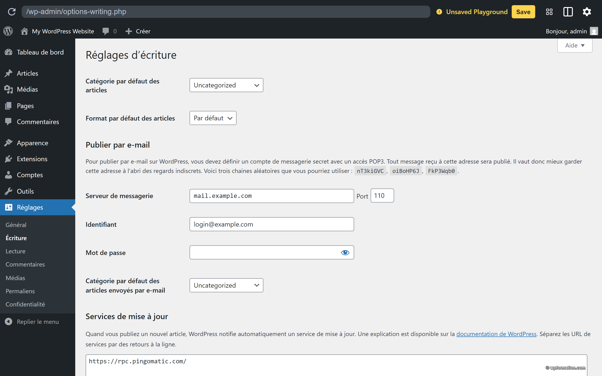 Réglages écriture WordPress catégorie par défaut