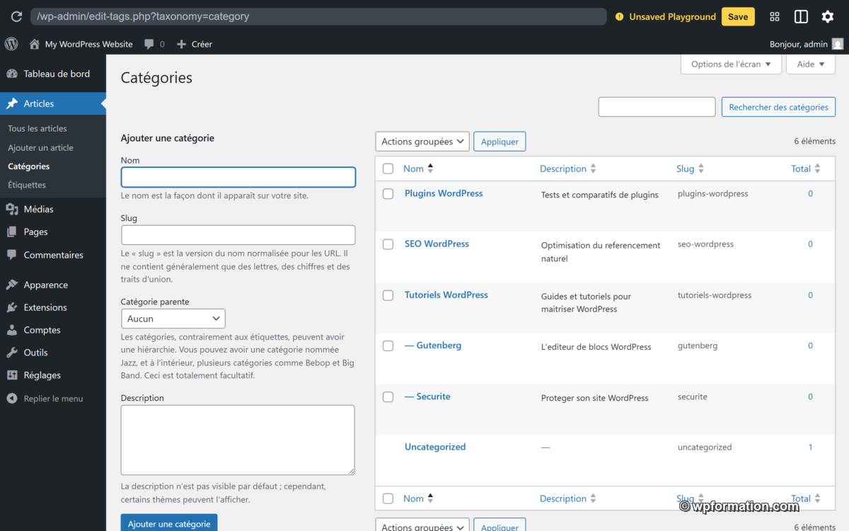 Page de gestion des categories WordPress dans le tableau de bord