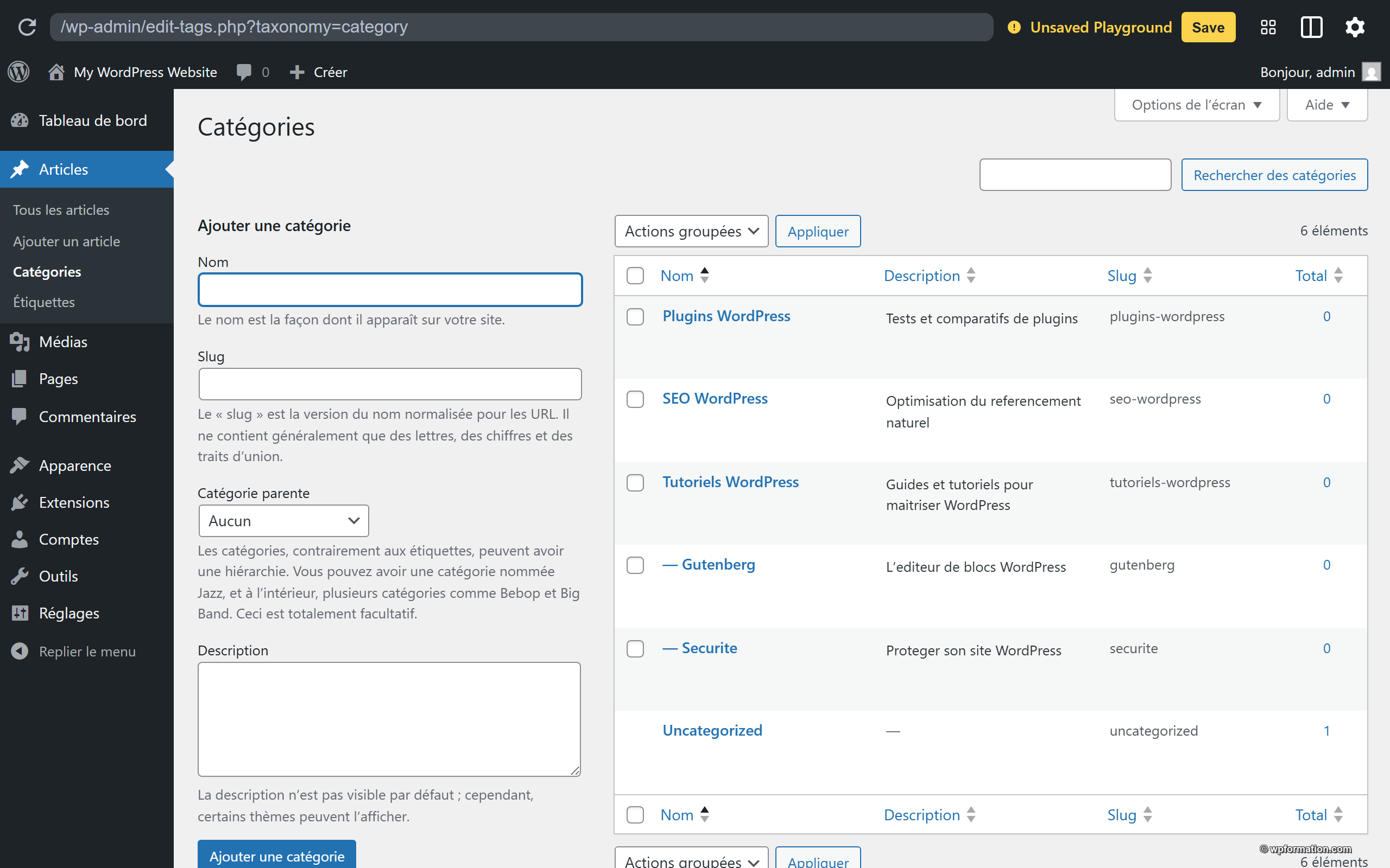 Page de gestion des catégories WordPress dans le tableau de bord