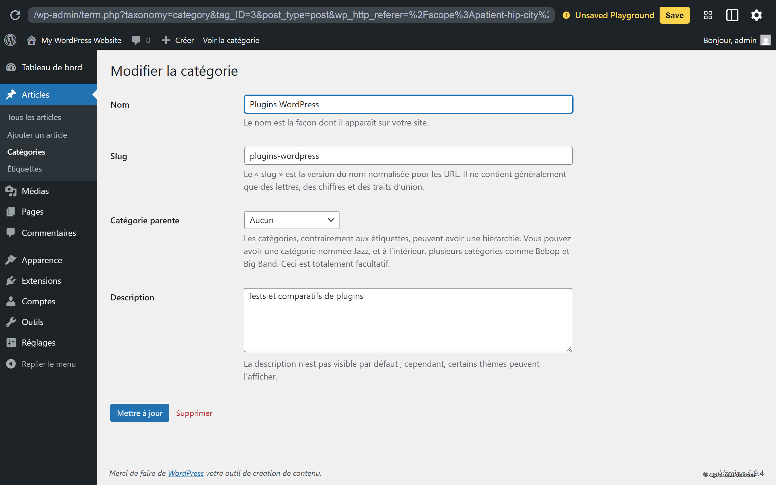 Page modification catégorie WordPress avec nom slug description