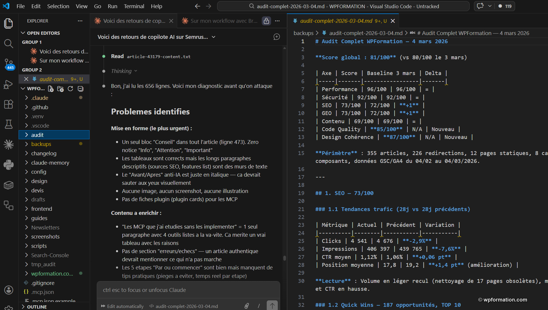 Rapport audit SEO complet généré par Claude Code dans VS Code