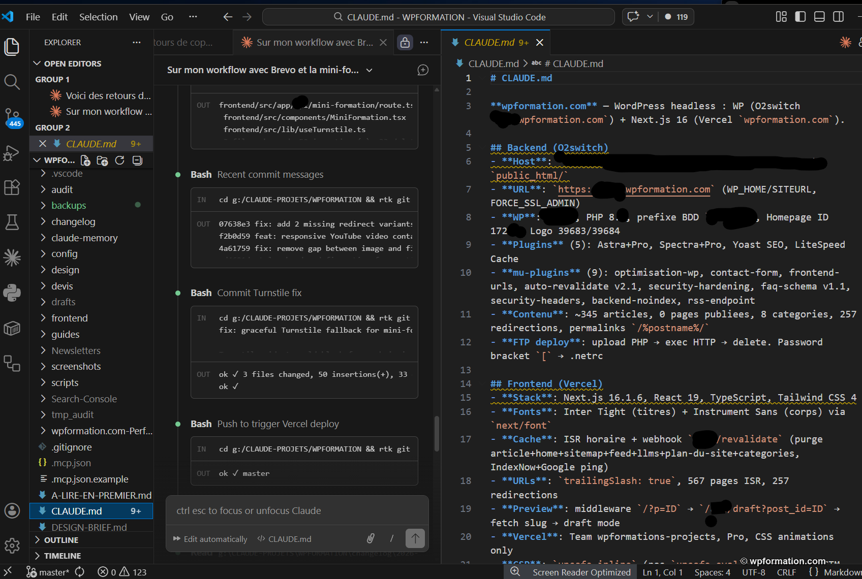 Fichier CLAUDE.md ouvert dans VS Code avec la configuration du projet
