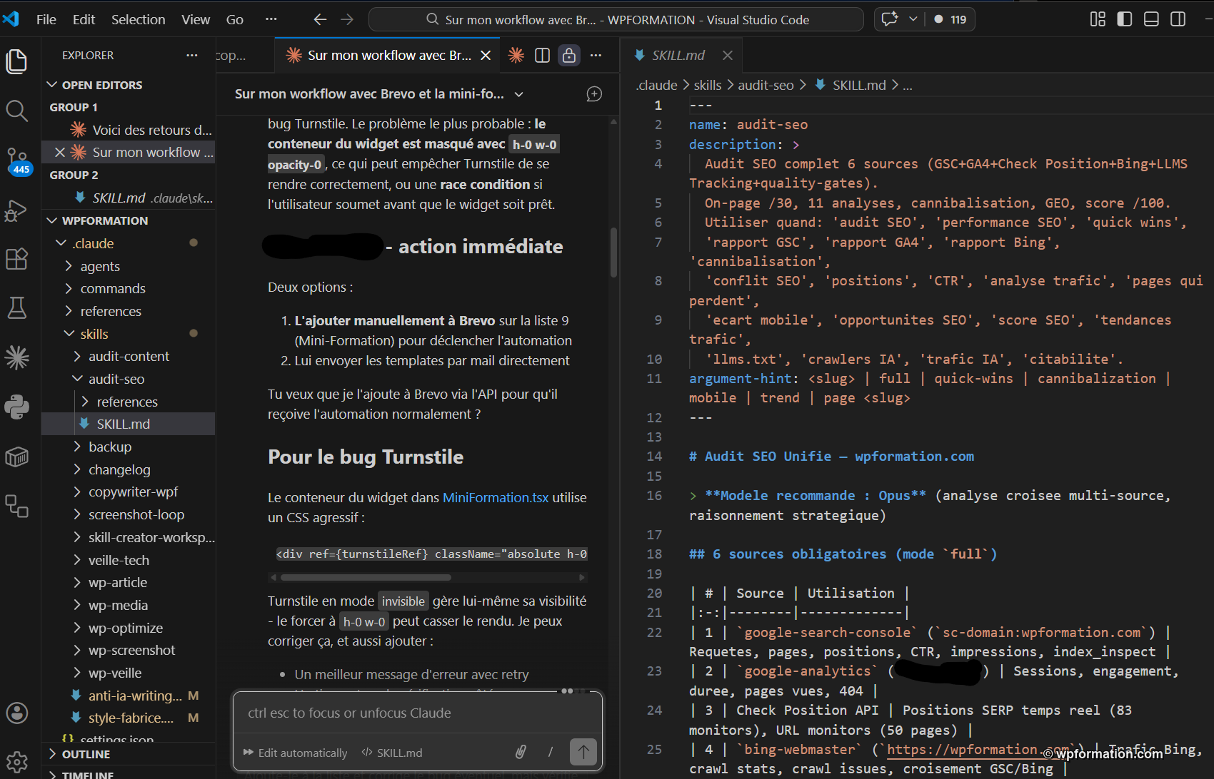 Skill audit SEO ouvert dans VS Code avec Claude Code