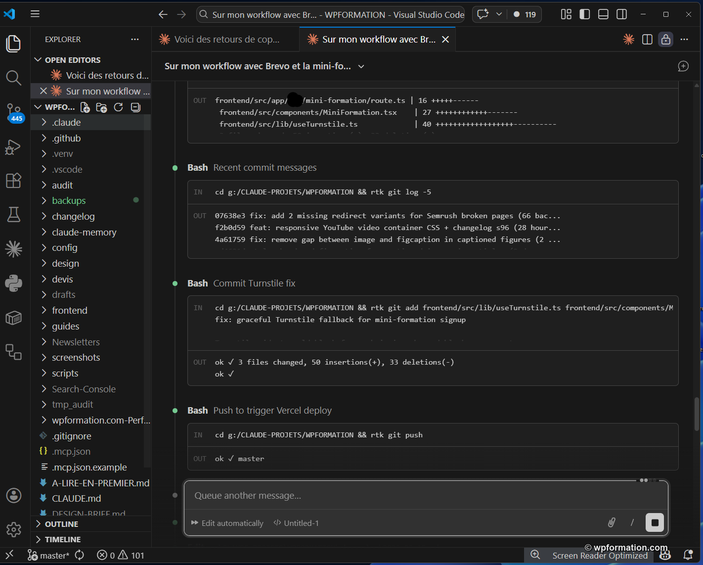 Claude Code dans le terminal VS Code avec workflow WordPress