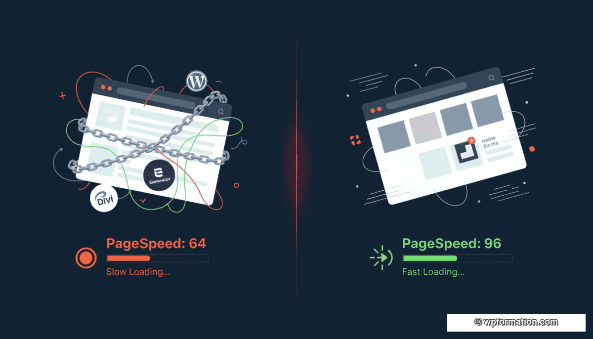 Comparaison visuelle : site WordPress avec constructeur de pages (PageSpeed 64, chaînes) versus site natif (PageSpeed 96, léger)