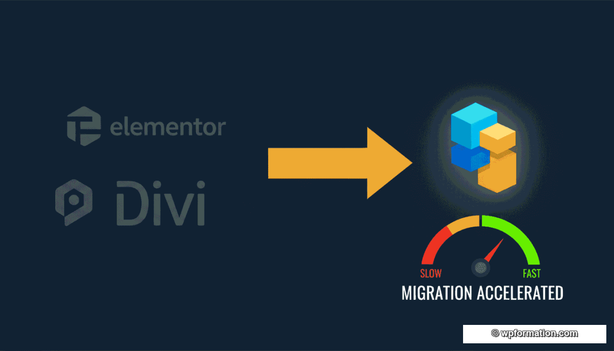Migration Elementor et Divi vers Gutenberg : fleche de transition avec logos page builders et blocs Gutenberg, indicateur de performance