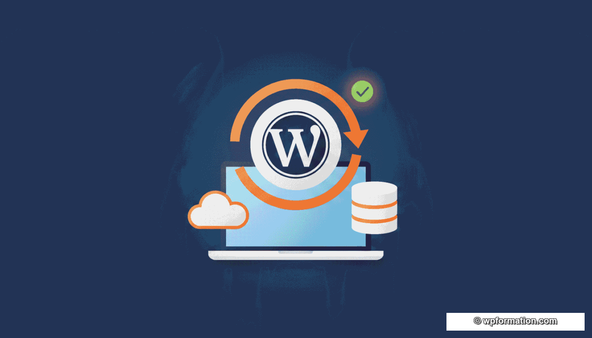 Sauvegardes WordPress : illustration avec logo WordPress, symbole backup circulaire, cloud et base de donnees