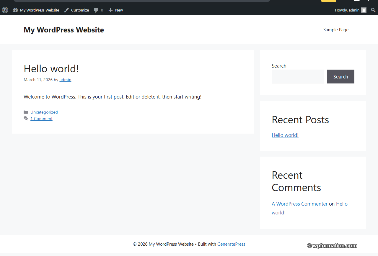 Page d'accueil GeneratePress avec le blog, la sidebar et le footer Built with GeneratePress