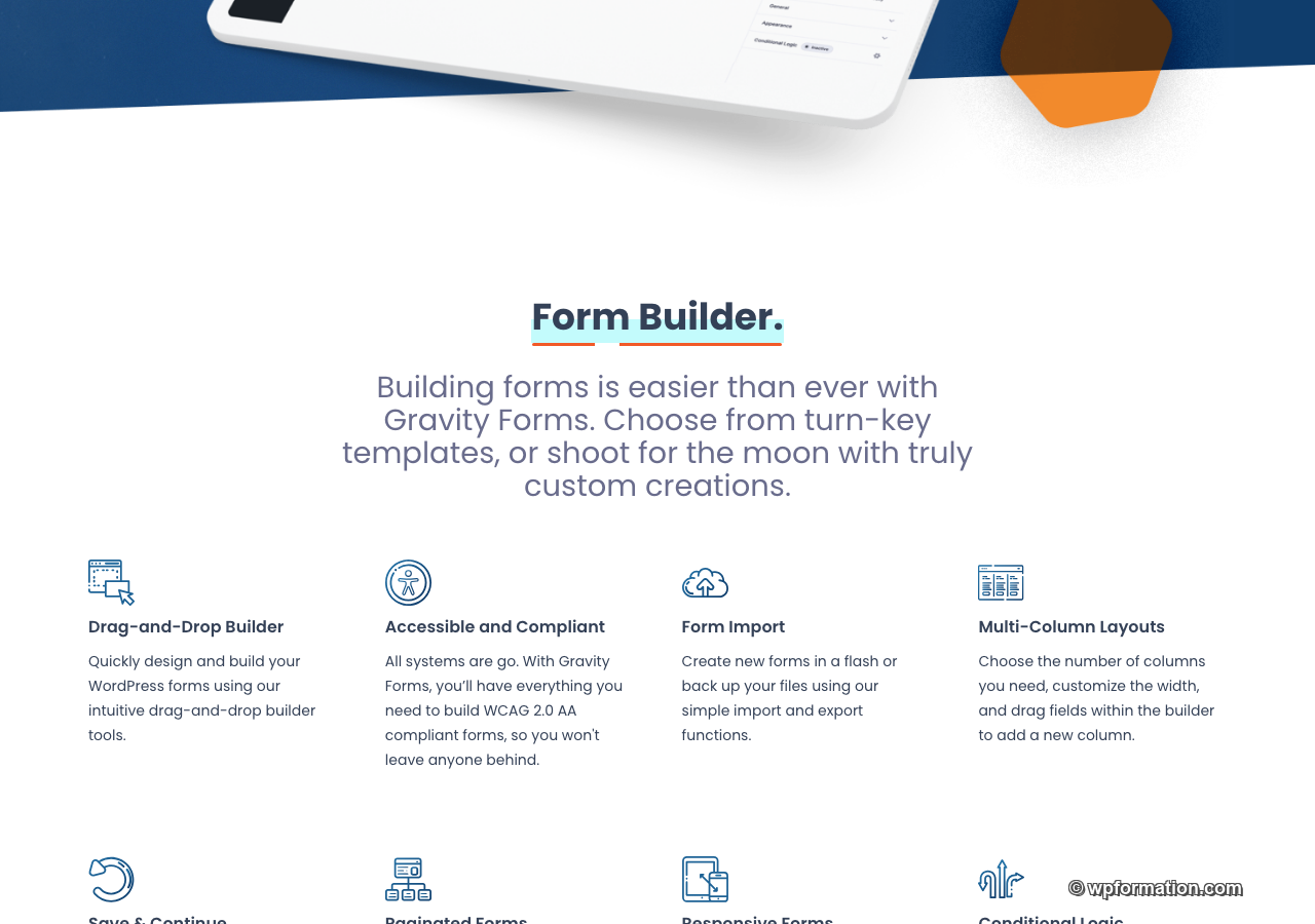 Fonctionnalites du form builder Gravity Forms : drag-and-drop, accessibilite, import et colonnes