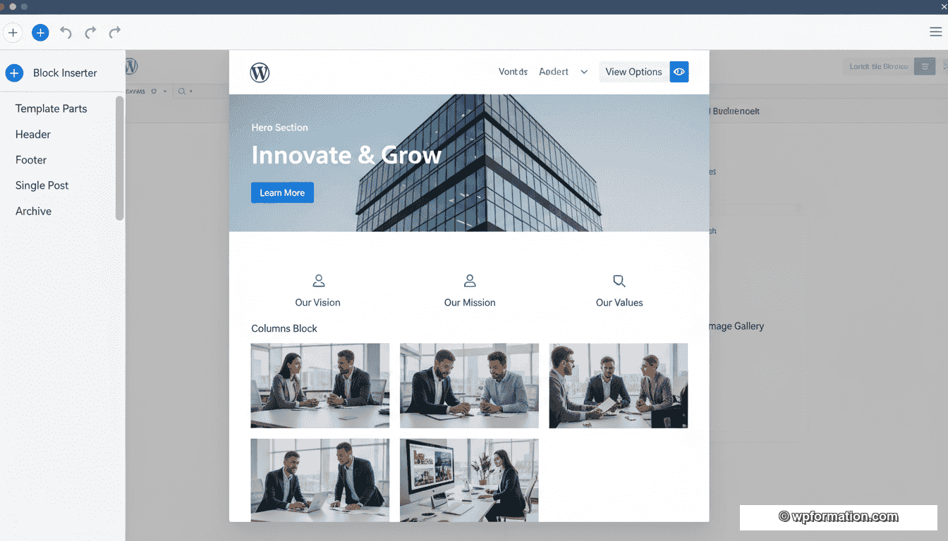 Éditeur de site WordPress Gutenberg en mode Full Site Editing : templates, header, footer, sections hero et colonnes