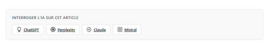 Partager avec l'IA ajoute des boutons sous tes articles pour que les lecteurs puissent discuter du contenu avec ChatGPT, Perplexity, Claude, Gemini ou Mistral
