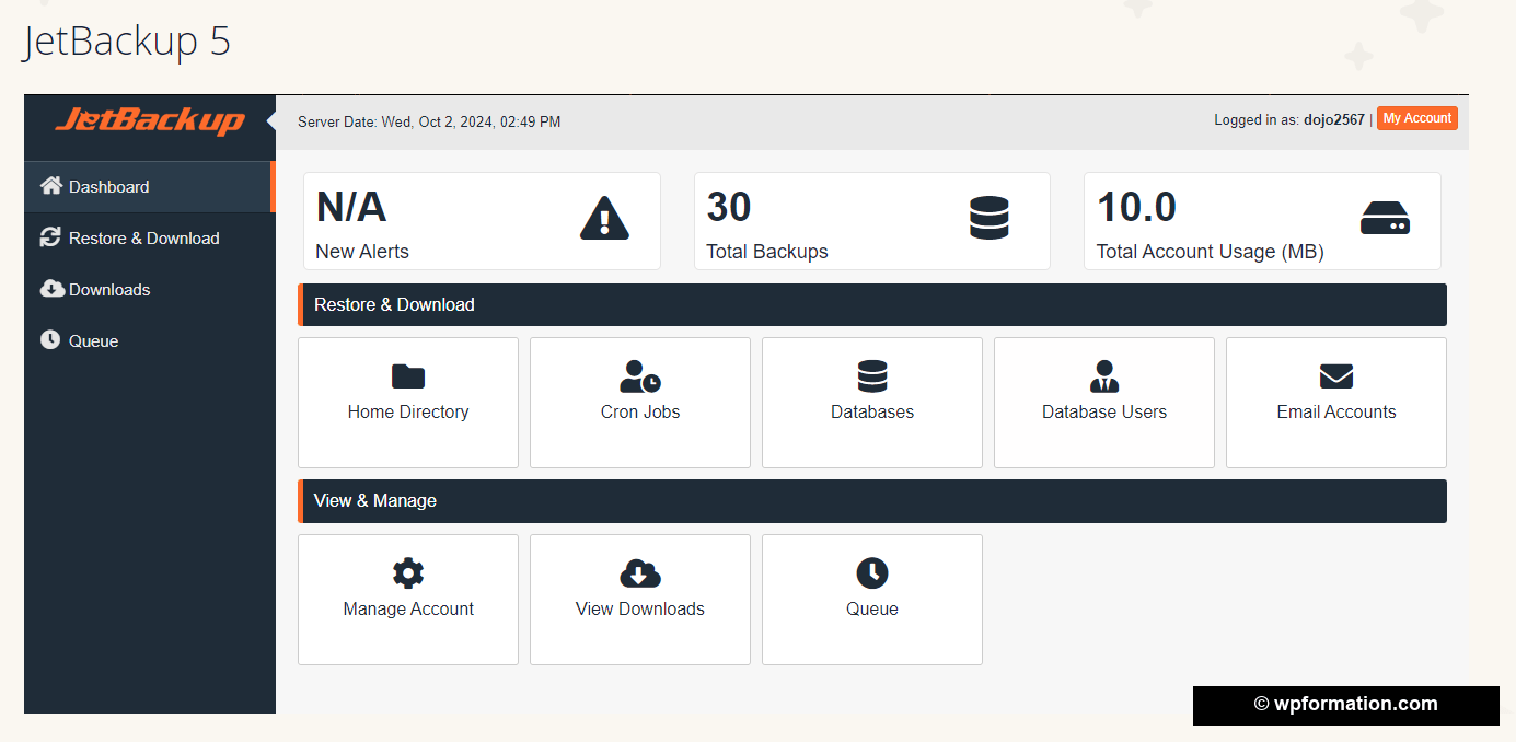 Interface JetBackup 5 dans cPanel O2switch : dashboard avec 30 sauvegardes, options restauration fichiers et base de donnees