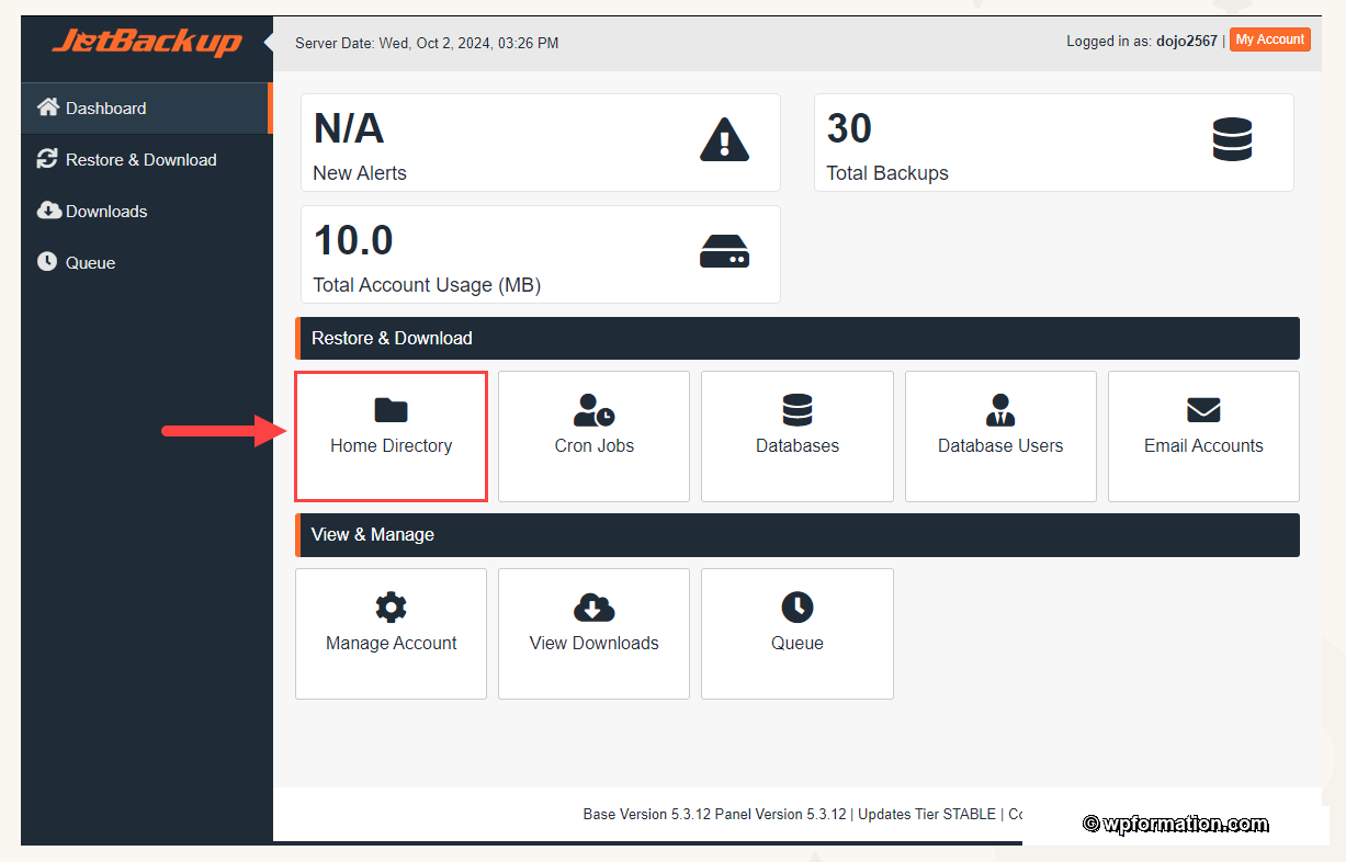 JetBackup O2switch : restauration des fichiers via Home Directory dans cPanel avec fleche indicative