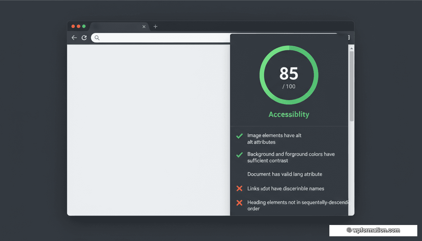 Google Lighthouse audit accessibilité : score 85/100, checklist alt text, contraste couleurs, attribut lang, liens et titres