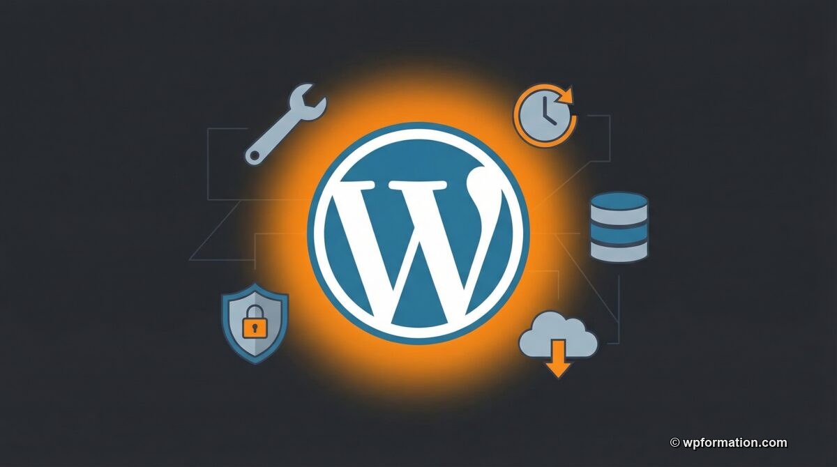 Illustration éditoriale : le logo WordPress solide comme un roc, entouré d'icônes de maintenance (clé, bouclier sécurité, horloge mises à jour, base de données, sauvegarde cloud)