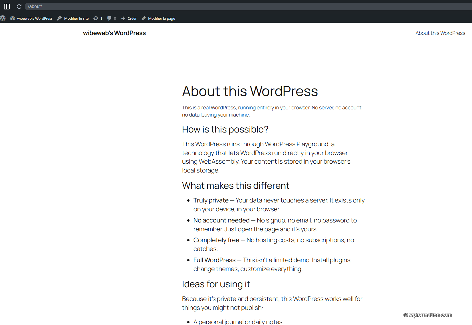 Page About this WordPress sur my.wordpress.net : explication du fonctionnement sans serveur via WordPress Playground et WebAssembly
