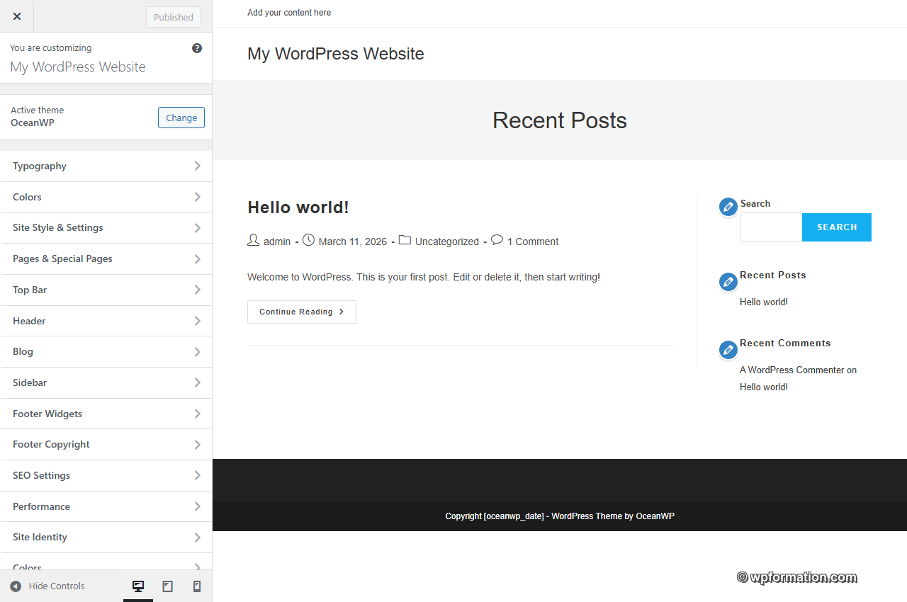 Customizer OceanWP avec les sections Typography, Colors, Header, Blog, Footer et Performance