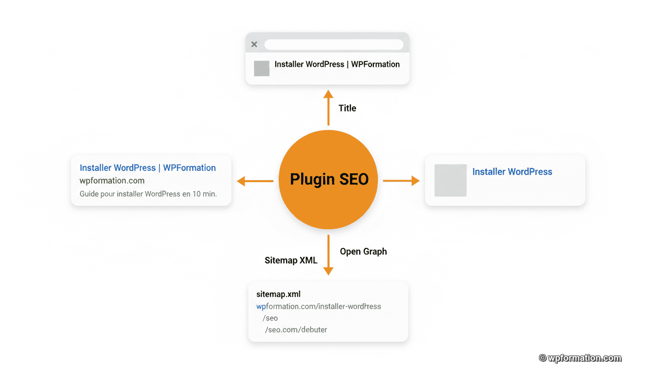 Sch&eacute;ma montrant les 4 fonctions principales d'un plugin SEO WordPress : balise title, meta description, Open Graph et sitemap XML