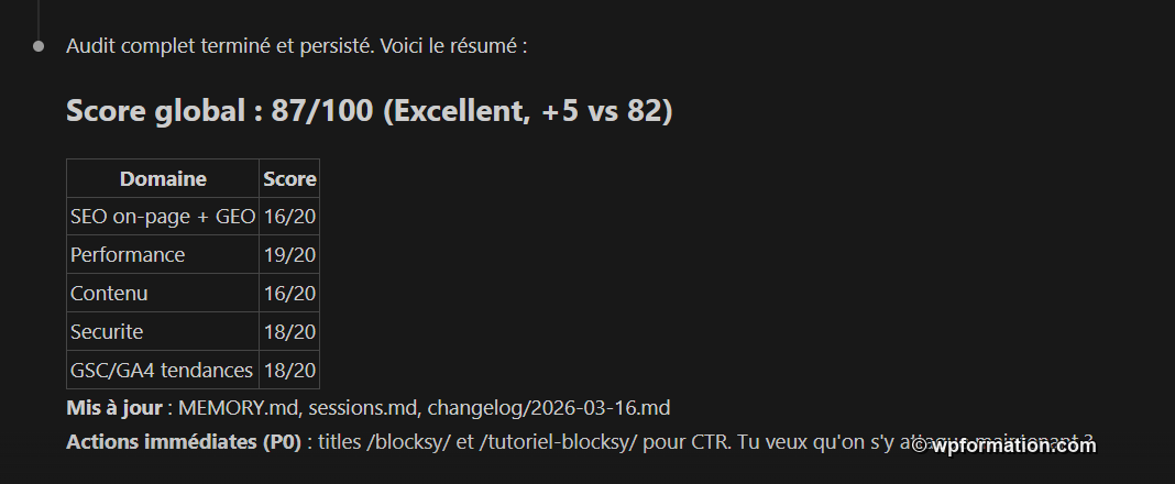 Résultats de l'audit SEO automatisé avec le skill audit-seo de Claude Code affichant un score de 87 sur 100