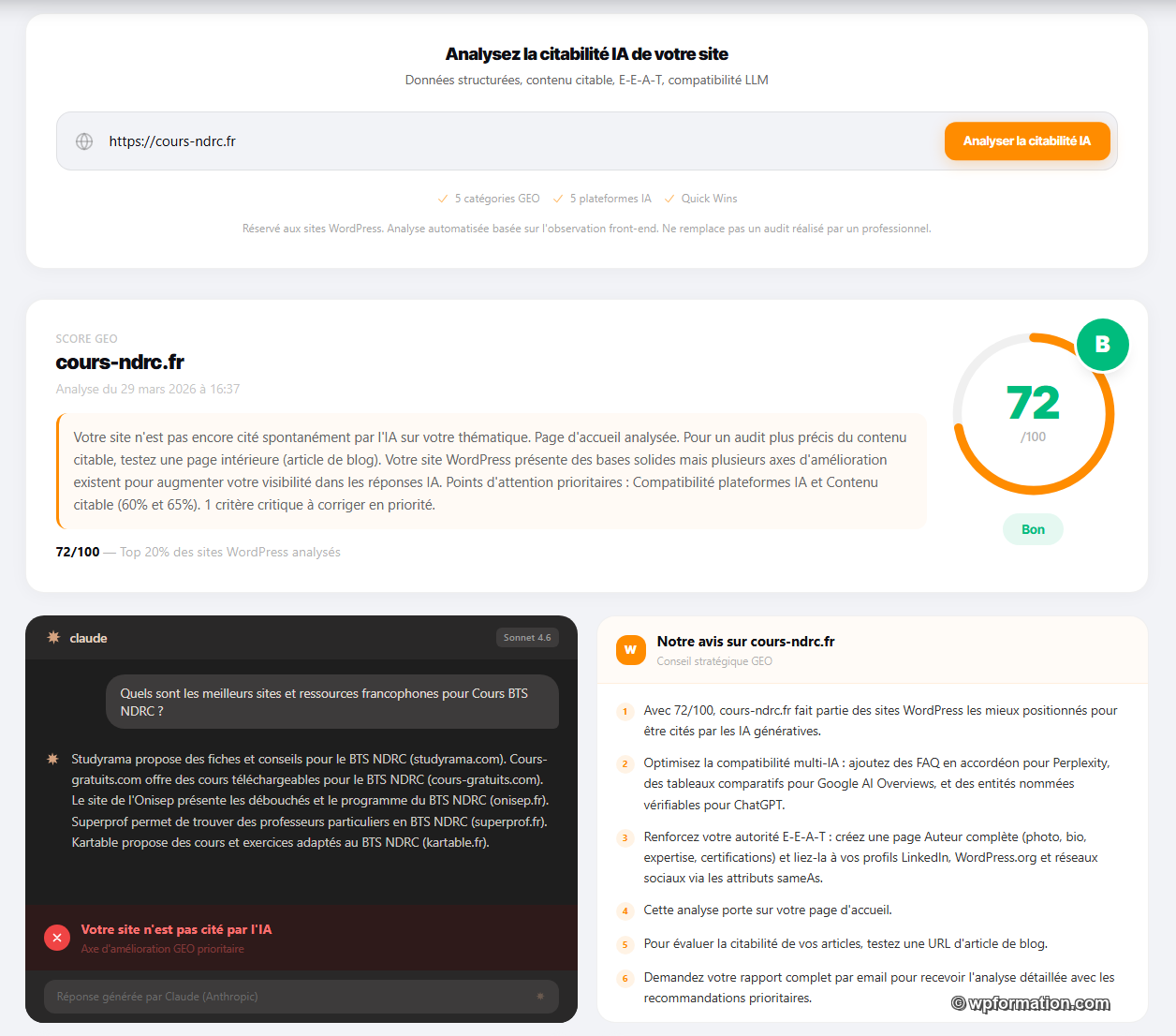Résultat d'un audit GEO gratuit sur wpformation.com