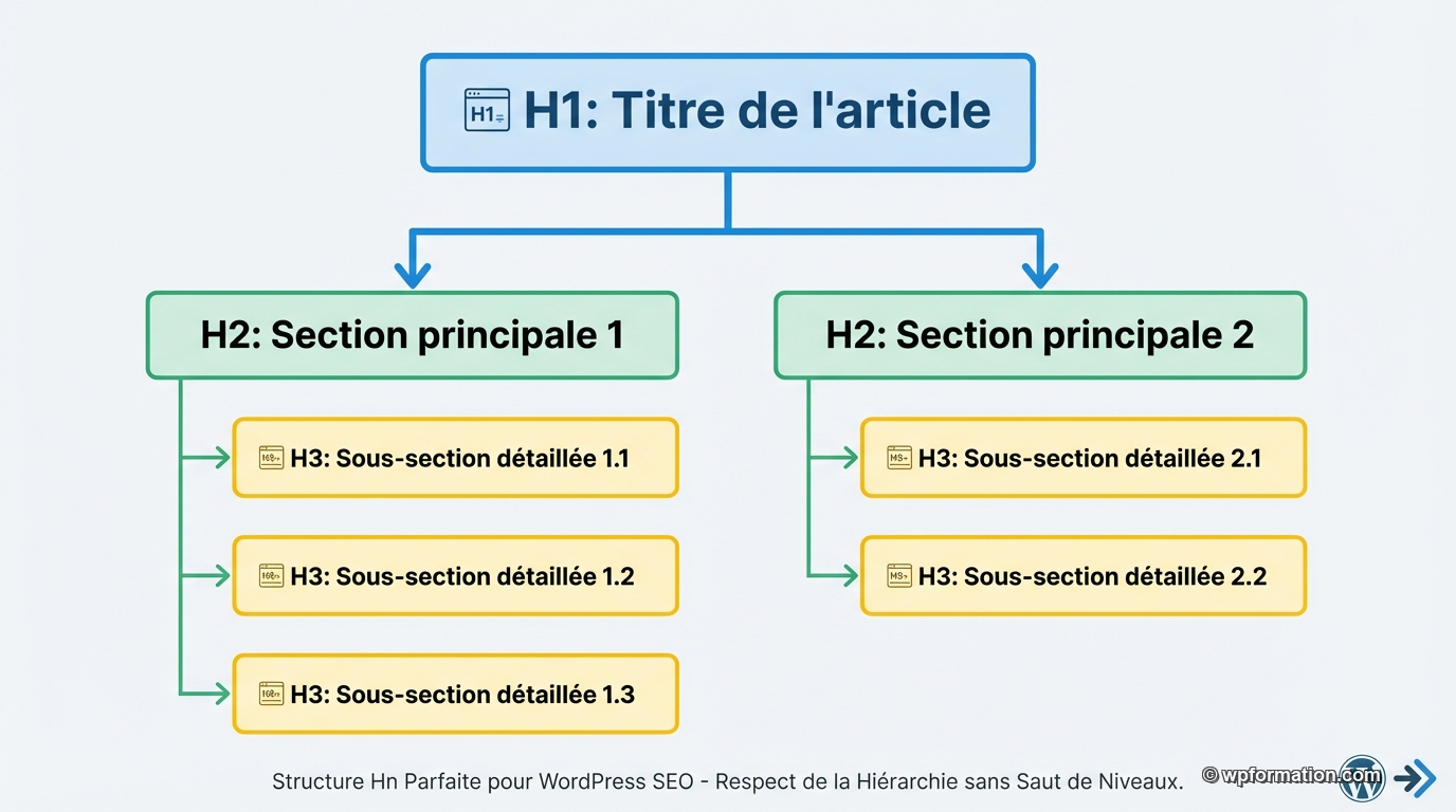Structure des balises Hn WordPress : hiérarchie H1 H2 H3 avec indentation et règles SEO