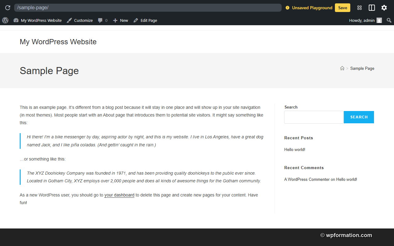 Aperçu du thème OceanWP sur WordPress Playground avec la Sample Page et la sidebar
