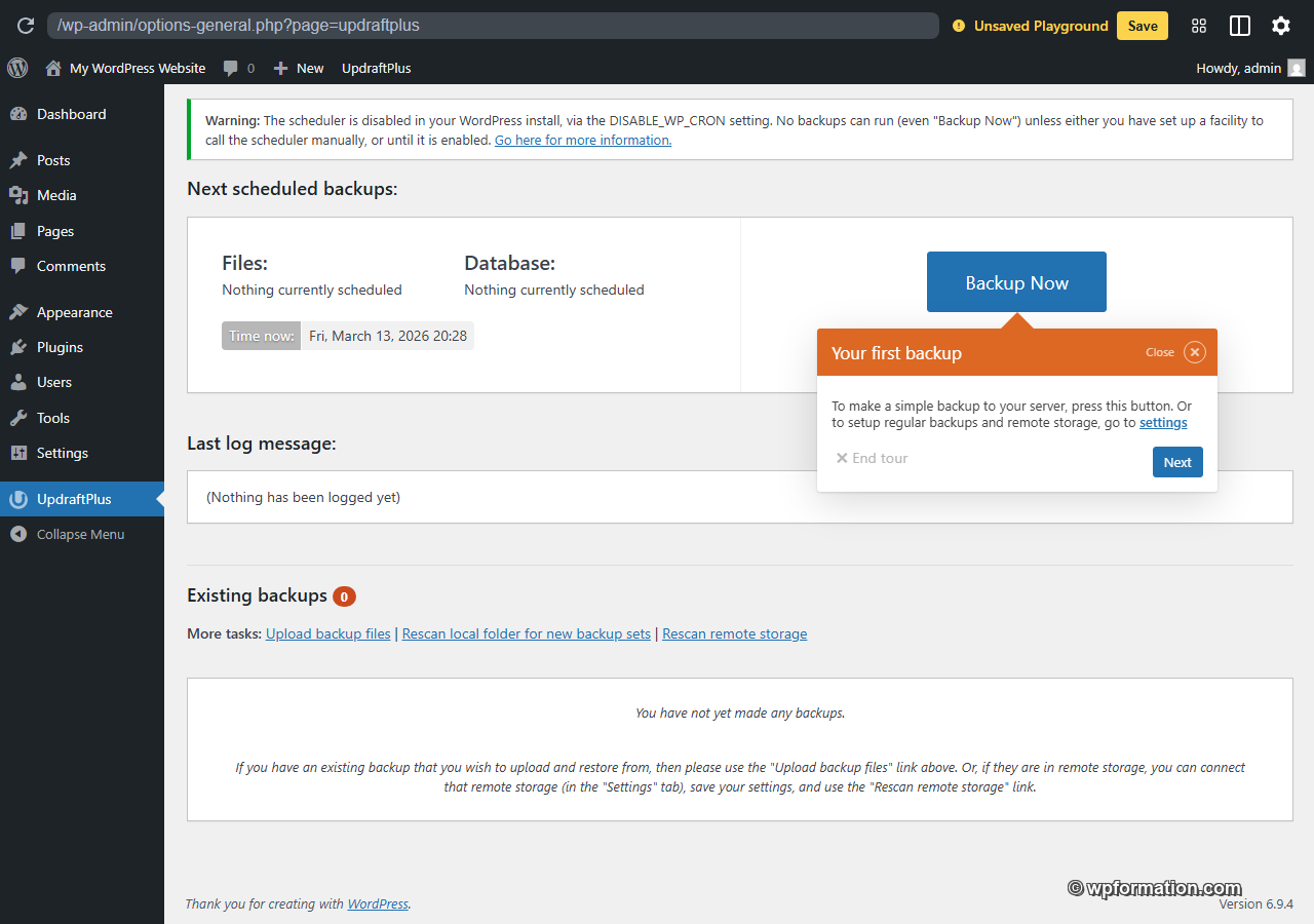 UpdraftPlus : bouton Backup Now, sauvegardes existantes et options de restauration WordPress