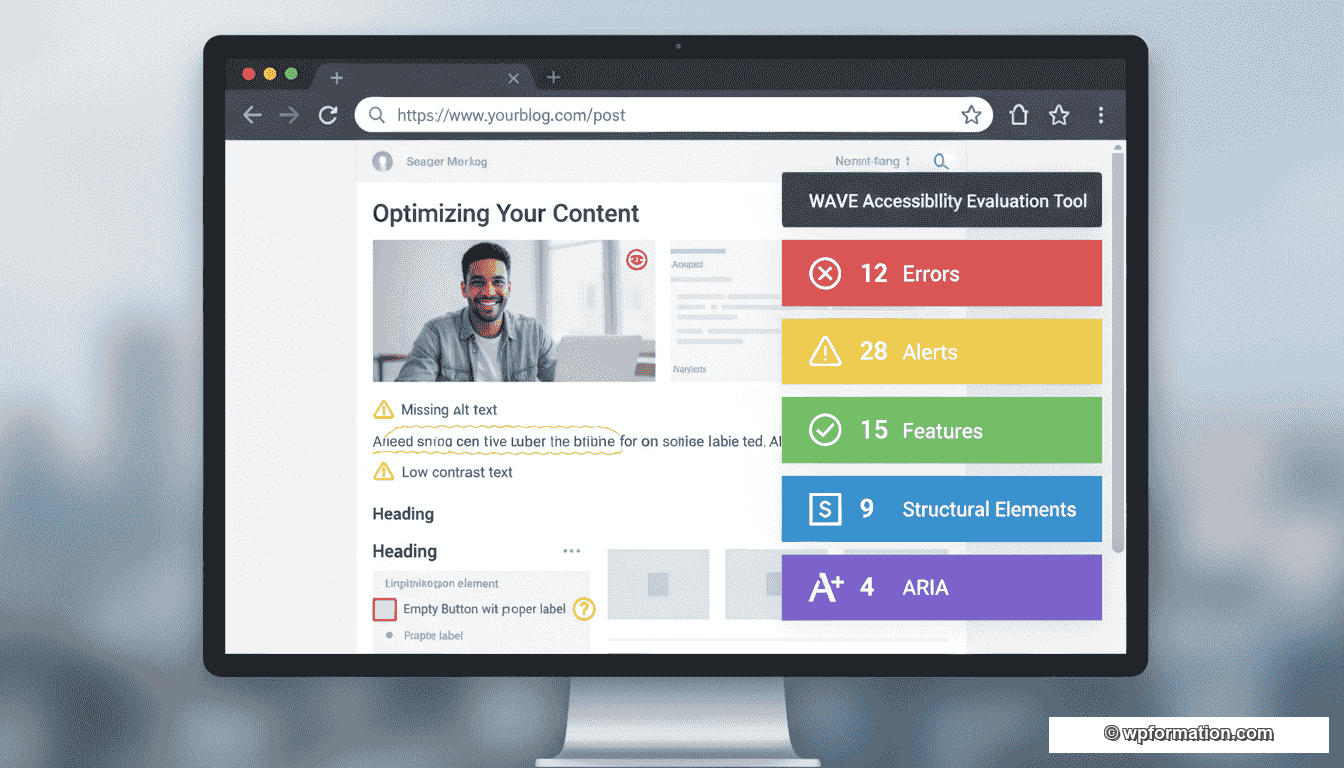 Interface WAVE Web Accessibility Evaluation Tool analysant un site WordPress : erreurs, alertes, éléments structurels et ARIA