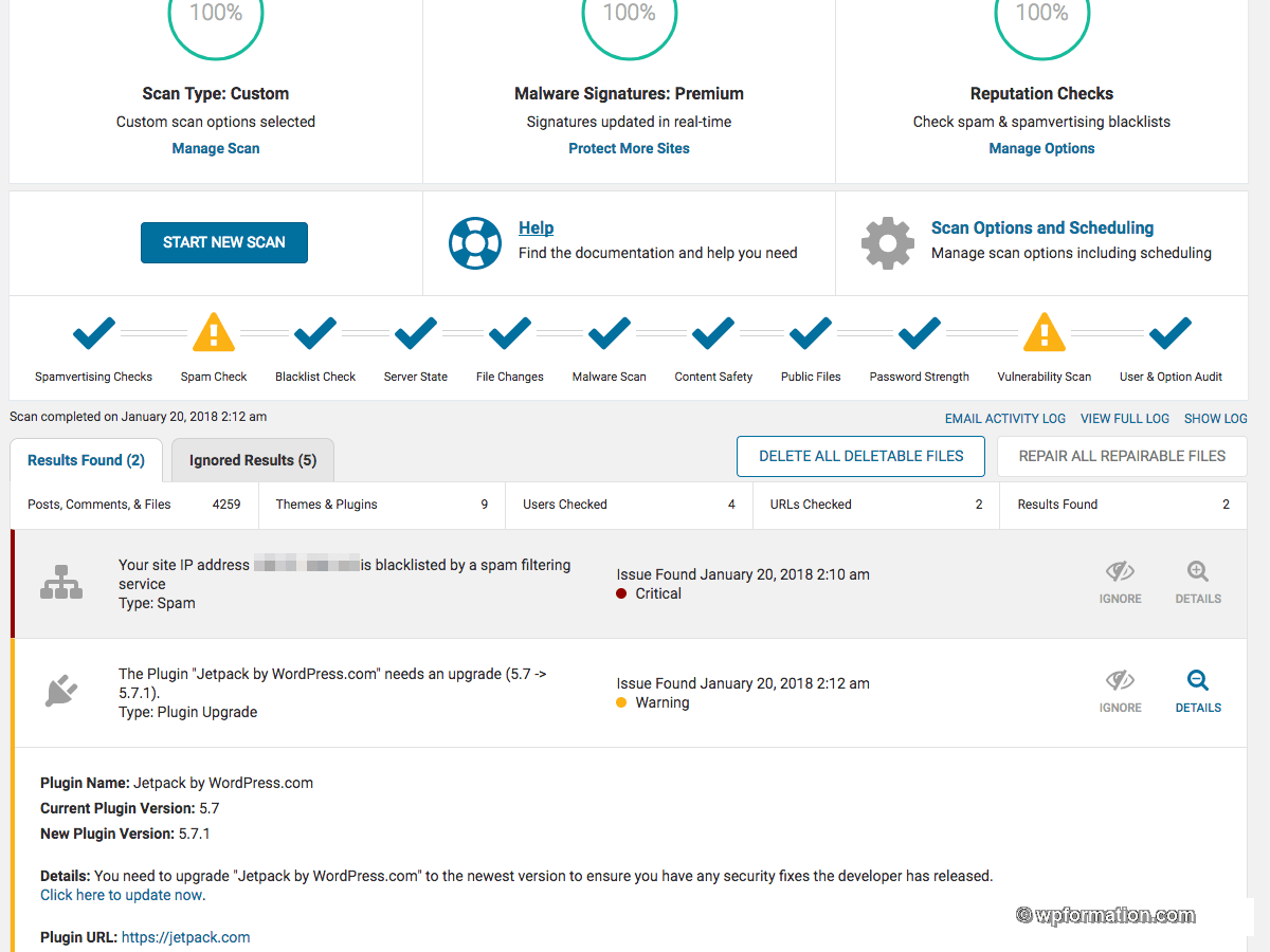 Résultats du scan Wordfence - détection de fichiers compromis et problèmes de sécurité