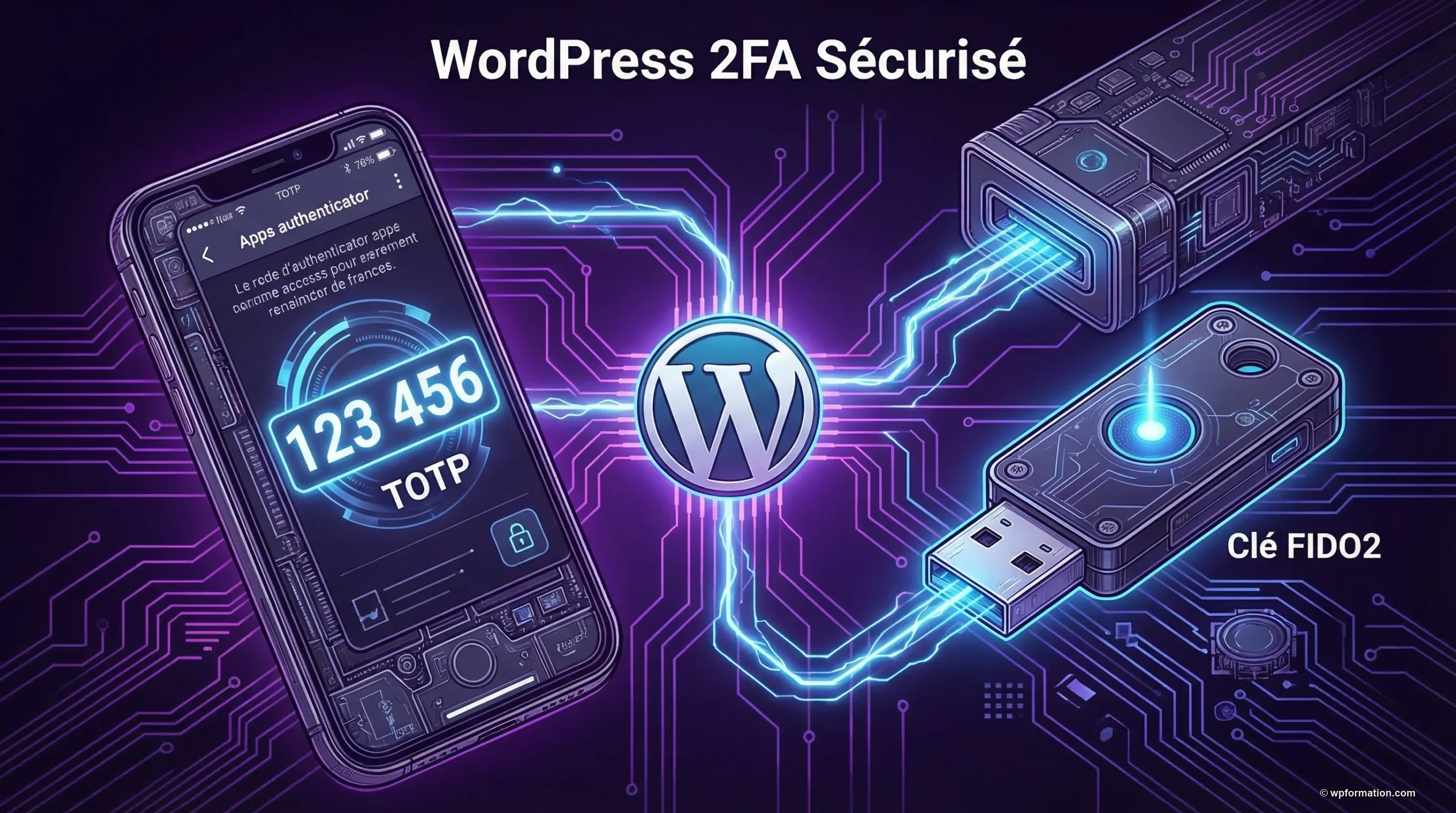 Les 4 methodes 2FA WordPress : TOTP, cle physique, email et SMS