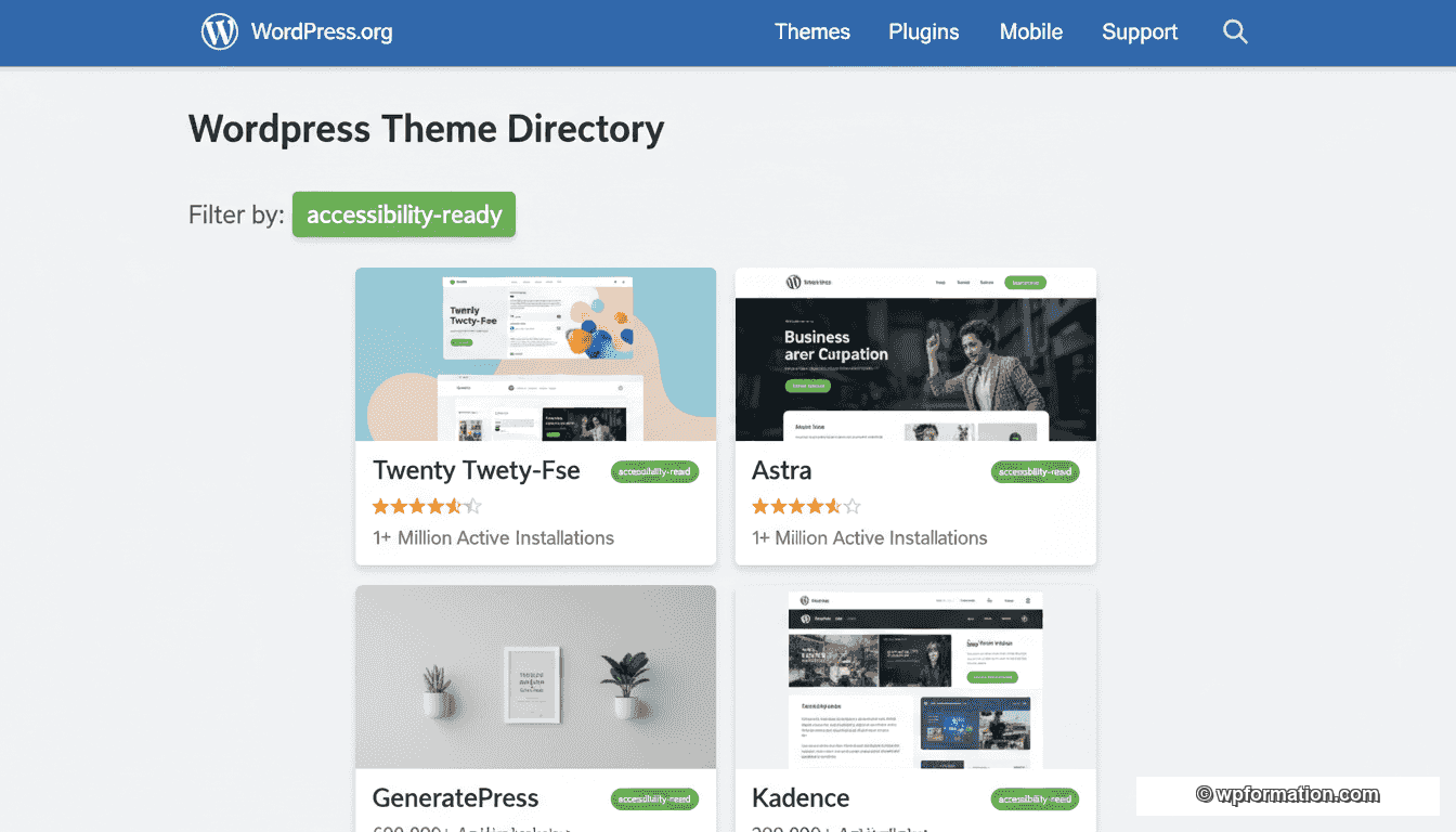 Répertoire thèmes WordPress.org avec tag accessibility-ready : Twenty Twenty-Five, Astra, GeneratePress, Kadence