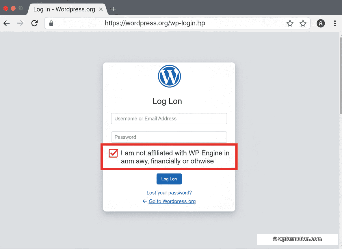 Case à cocher I am not affiliated with WP Engine sur la page de connexion WordPress.org