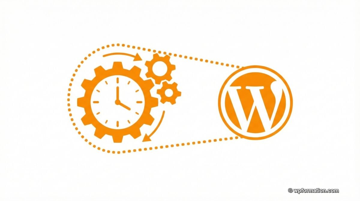 WP-Cron WordPress : mécanisme de tâches planifiées avec horloge et engrenages
