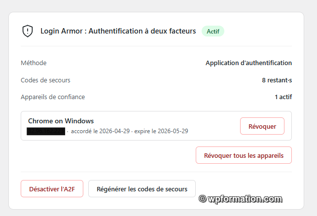 TOTP d'abord : compatible avec Google Authenticator, Authy, 1Password, Bitwarden et tout ce qui parle le standard RFC 6238. Le QR code est généré côté client, donc le secret ne quitte pas ton serveur.