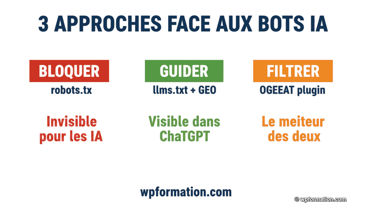 Schéma décisionnel : 3 approches face aux bots IA WordPress, bloquer, guider ou filtrer