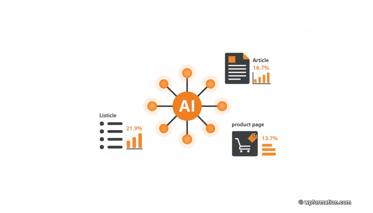 Infographie des 3 types de contenu les plus cités par les IA : listicles 21,9%, articles 16,7%, pages produit 13,7%