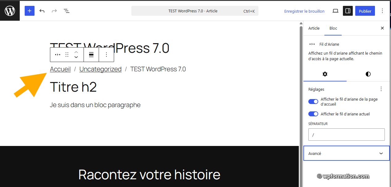 WordPress 7.0 intègre enfin un bloc Breadcrumb natif