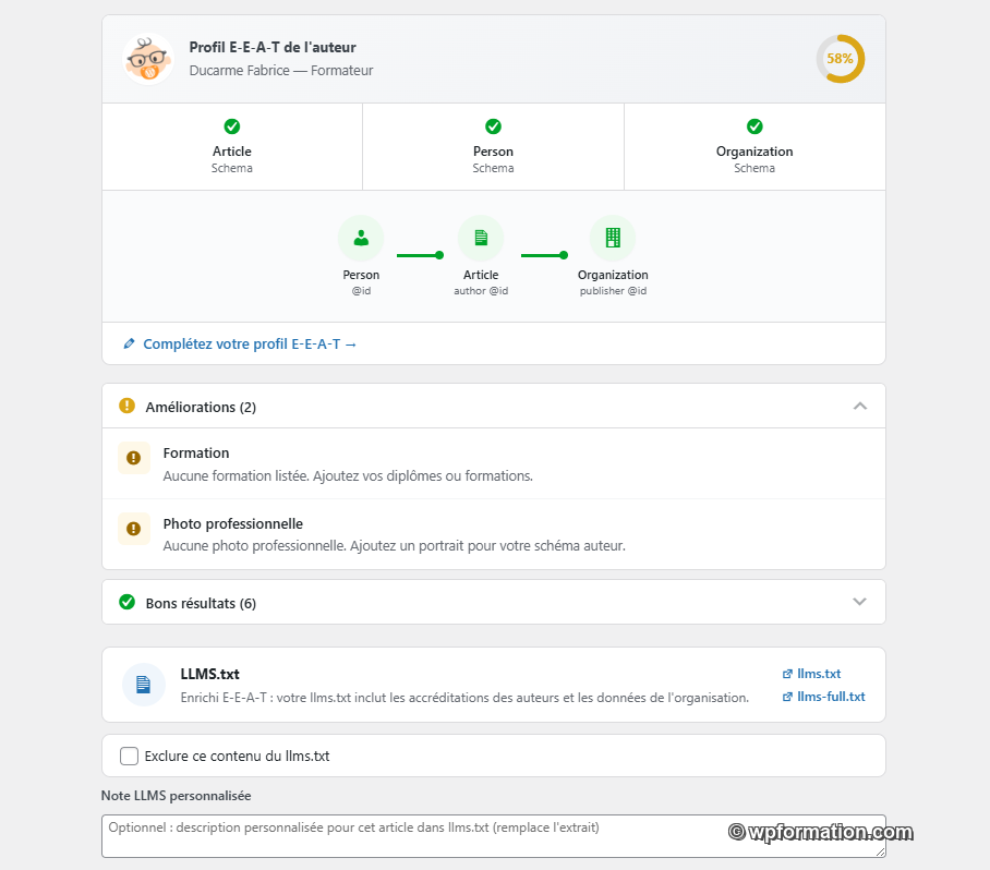 Metabox OGEEAT montrant le profil E-E-A-T de l'auteur avec les schémas Person, Article et Organization