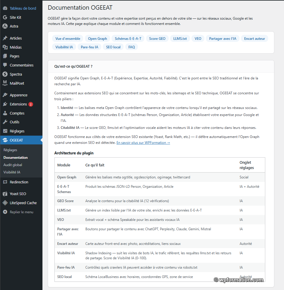 La documentation OGEEAT est également présente dans les réglages du plugin, disponible en français.