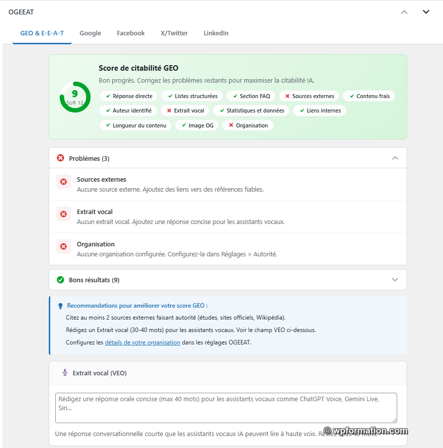 Score de citabilité GEO dans la metabox OGEEAT avec les 12 vérifications et leurs statuts