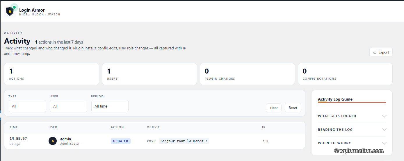 Journal d'audit Login Armor des actions administrateur : qui, quoi, quand, depuis quelle IP