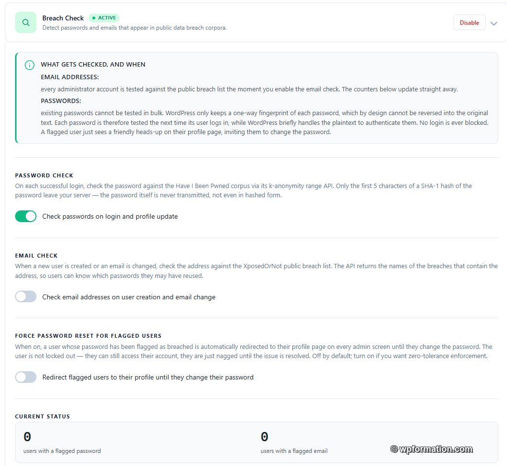 Réglages Breach Check Login Armor : vérification mots de passe HIBP et emails XposedOrNot, options et compteurs