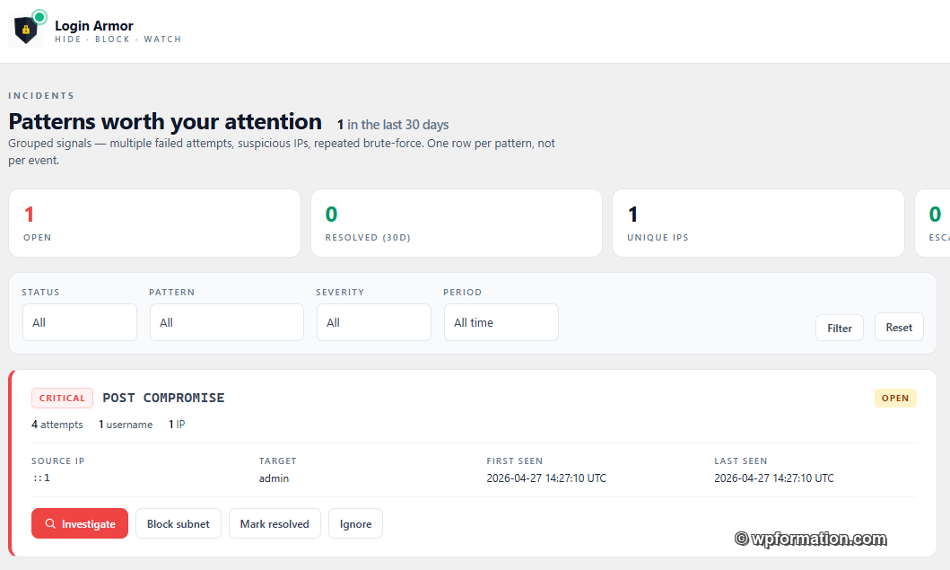 Écran Incidents Login Armor : pattern POST COMPROMISE critical, regroupement par attaque, actions inline