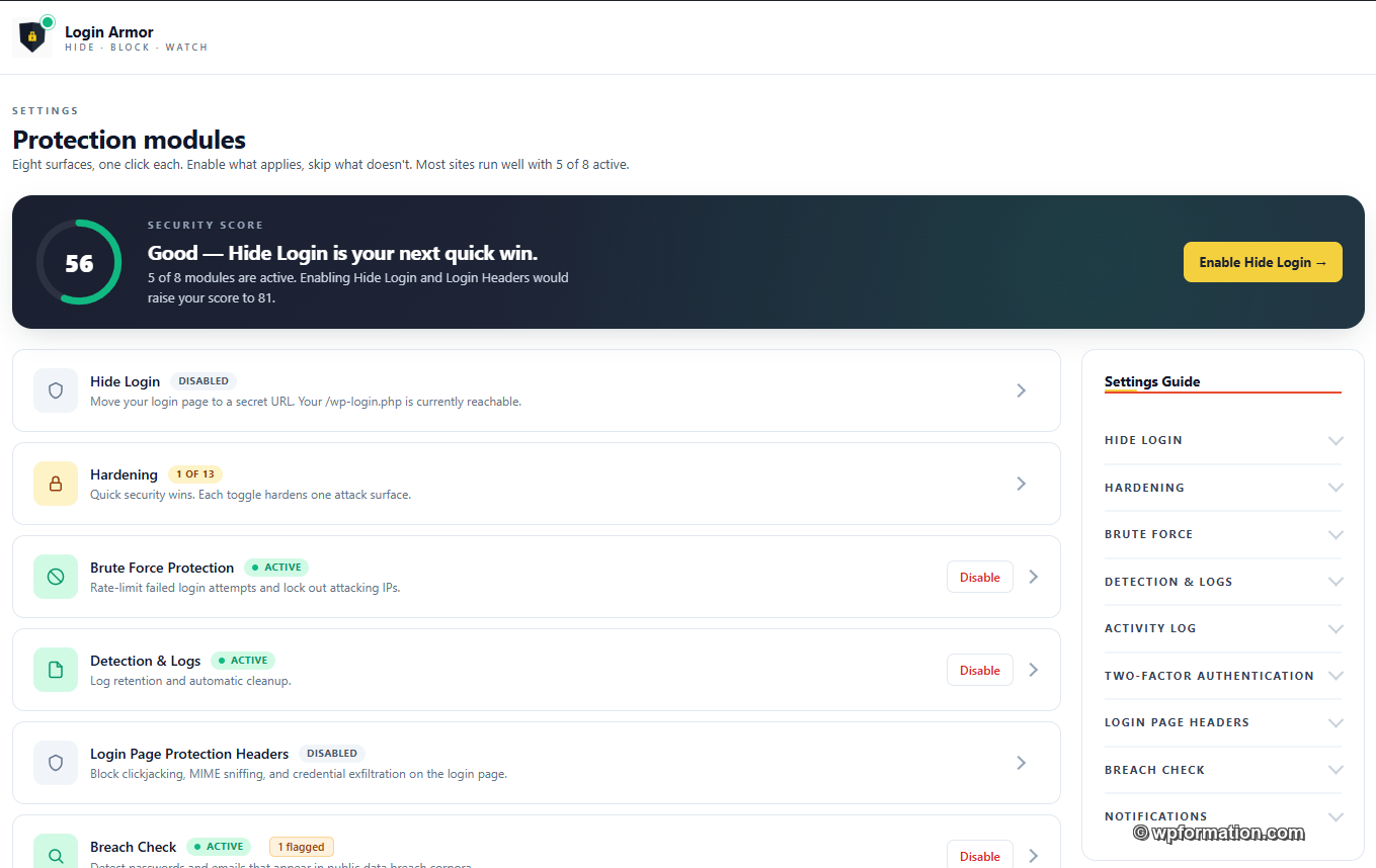 Écran Réglages Login Armor avec score de sécurité 0-100 et nudges contextuels