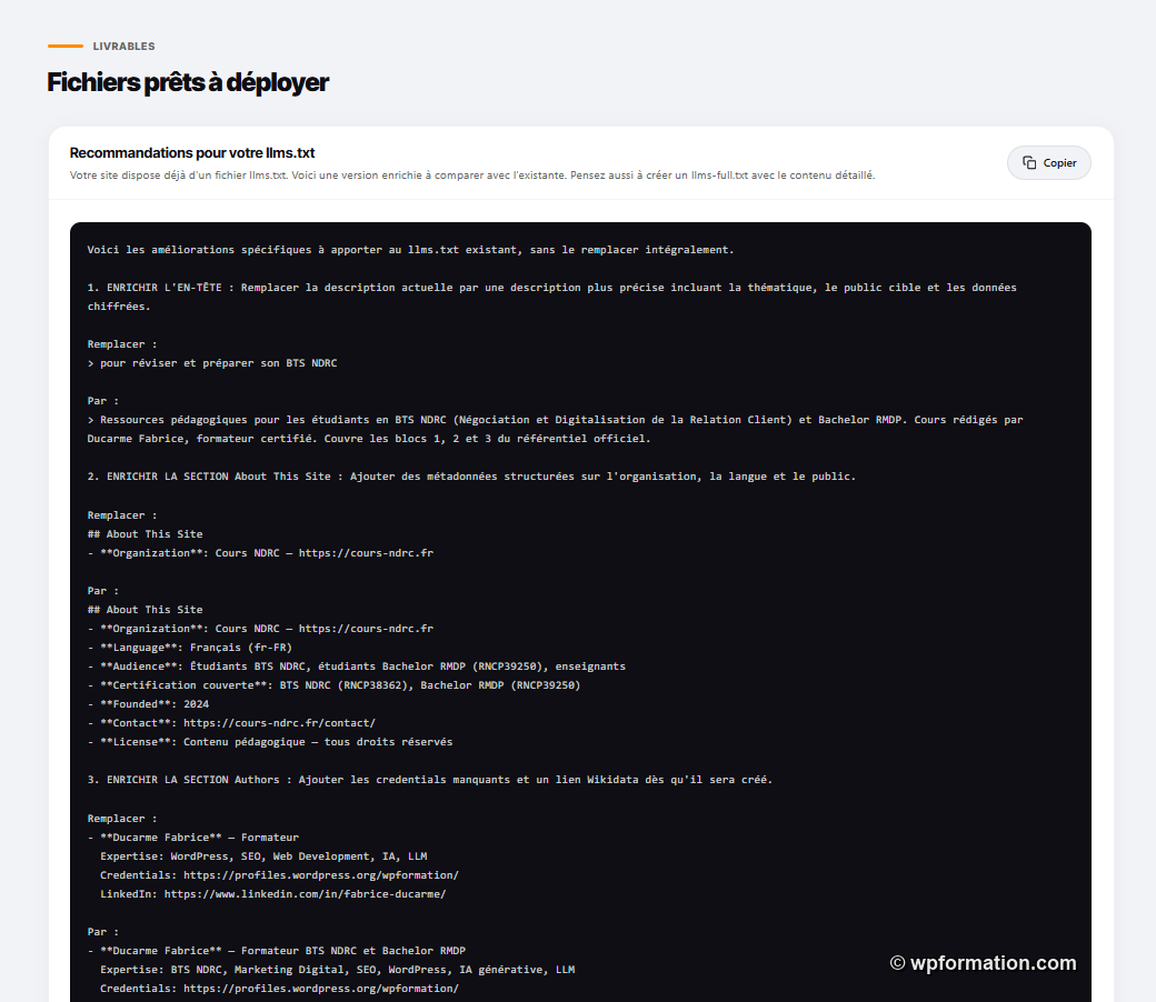 Rapport GEO Expert : fichiers llms.txt et JSON-LD prêts à déployer