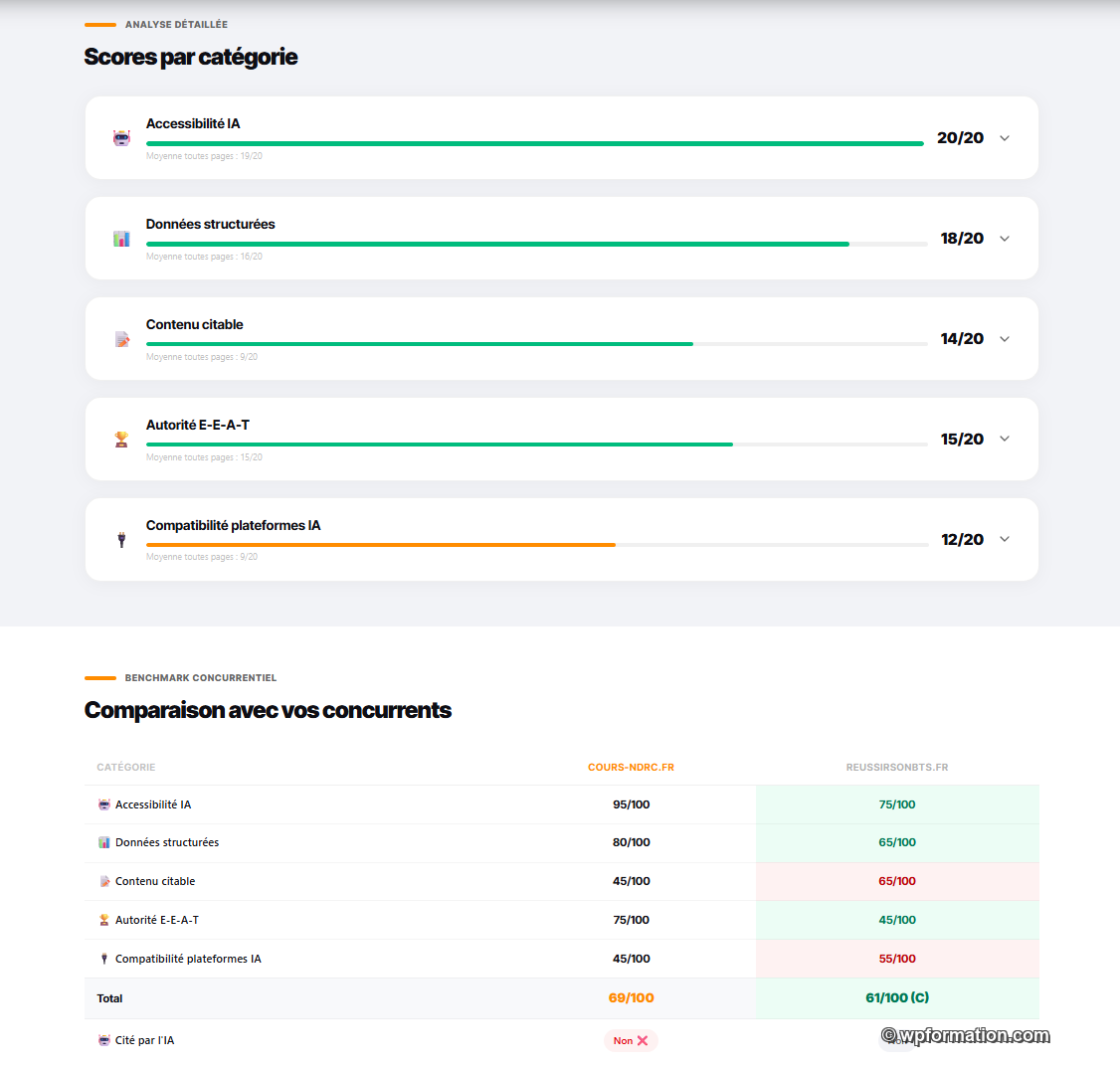 Rapport GEO Expert : scores par catégorie et comparaison avec les concurrents
